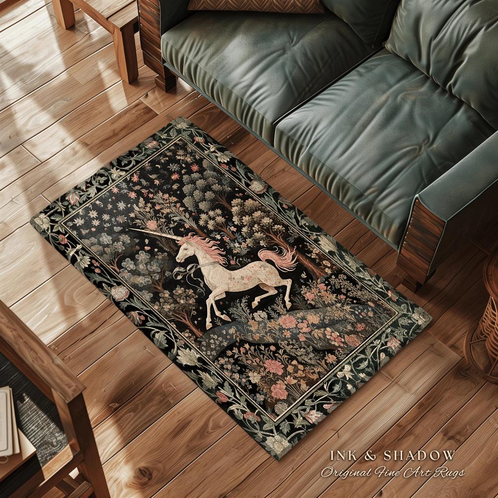 Celestial Unicorn Aesthetic Rug Folklore Aesthetic Room Decor Morris Inspired Cottagecore Cozy Unicorn Area Rug Mystical Bedroom