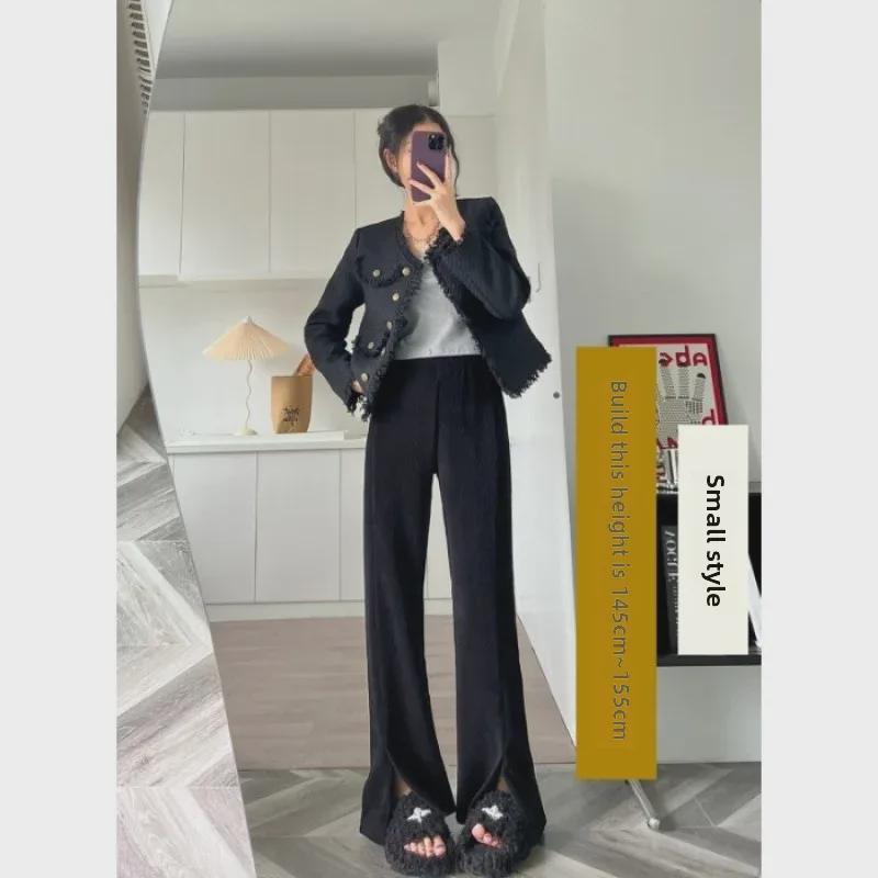 

Black Velvet Corduroy Chenille Wide-Leg High-Waist Pants for Women - Slim, Floor-Length, Autumn/Winter S серый