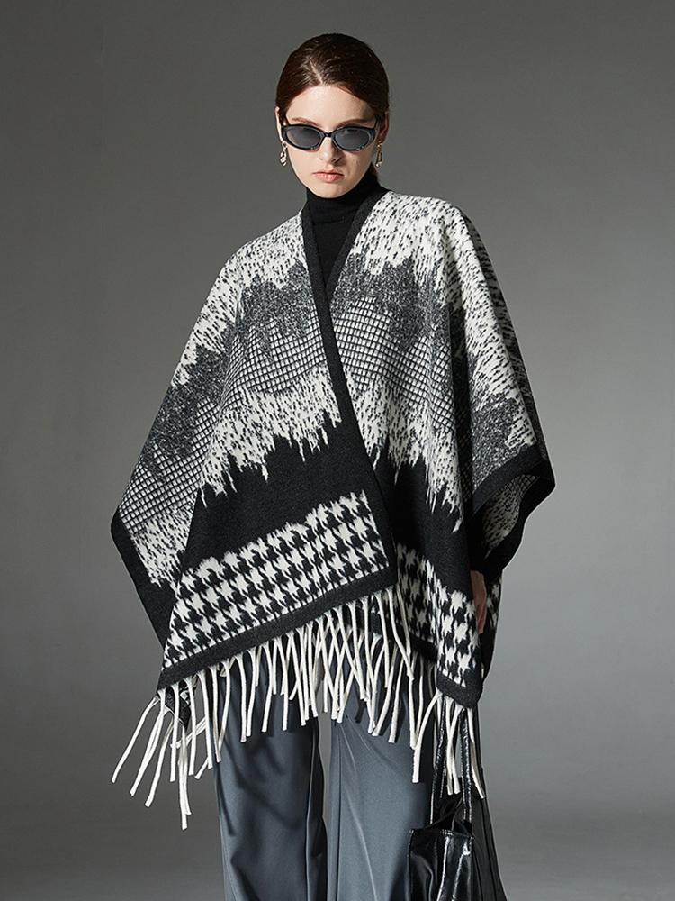 Winter Scarf Women Layers Poncho Elegant Wool Houndstooth Print Tassel Wraps Shawl Scarve Capa Para Pashmina Cloak High Quality