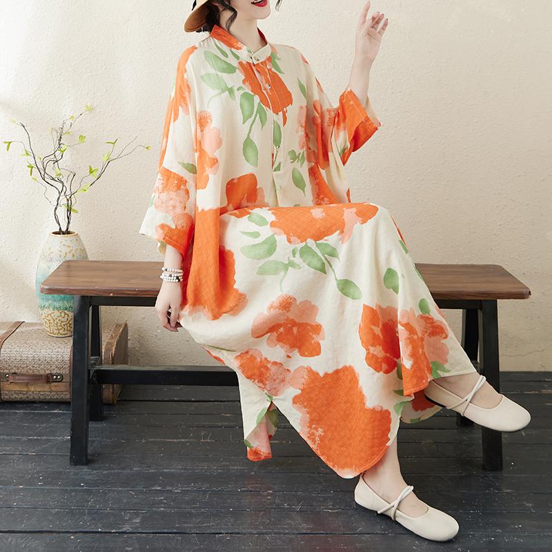 Dimanaf 2025 Plus Size New Summer Women Casual Linen Vintage Long Dress Flower Loose Printing Dress Maxi