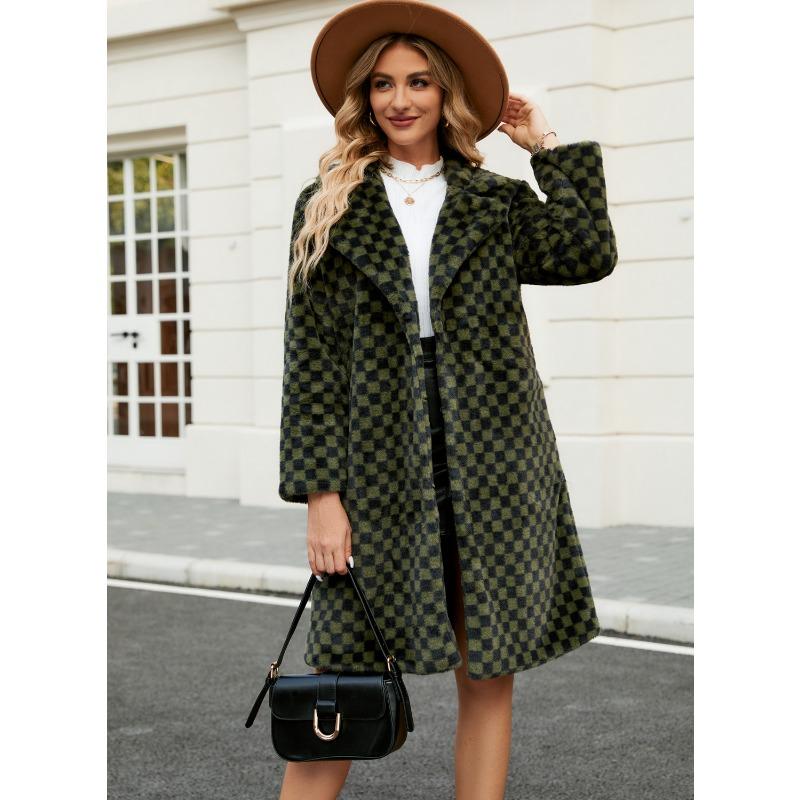 

0 Autumn and winter plush coat women s long plaid loose plush coat imitation fur XXXL