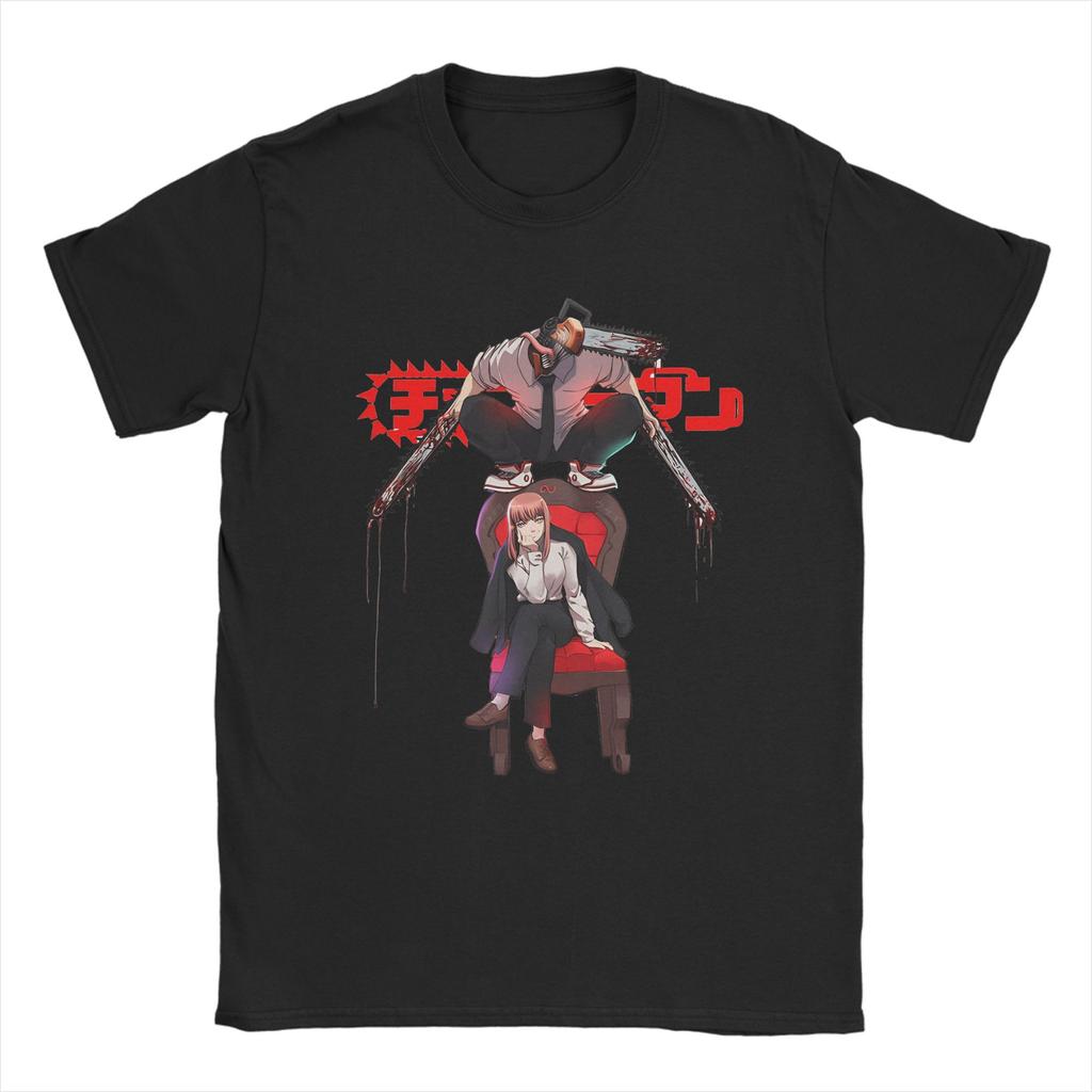 Men T-Shirt Denji And Makima Chainsaw Man Japanese Anime Vintage Pure Cotton Tee Shirt Short Sleeve T Shirts Clothing Plus Size