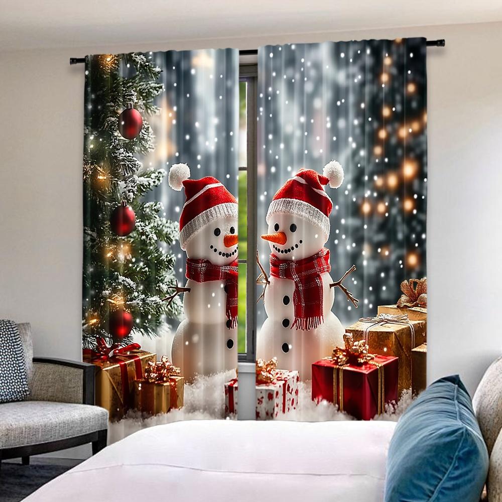 Flat Printing Happy Christmas Scene Curtains Day Snowman Tree Prints Digital Printed Polyester Drapes Set Of 2 Made