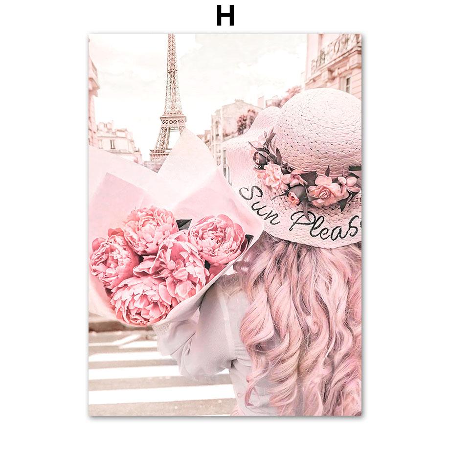 Pink Rose Paris Tower Posters and Prints Vintage Car Macaron Cake Wall Art Canvas Painting Wall Pictures for Living Room Decor