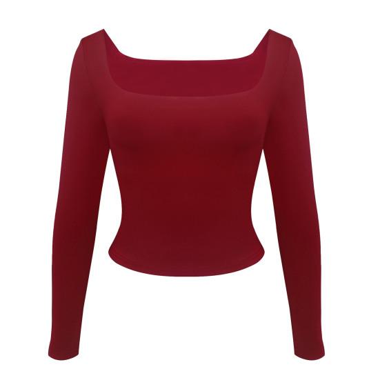 Buy Women Fall Spring Top Low-cut Square Neck Slim Fit Long Sleeve