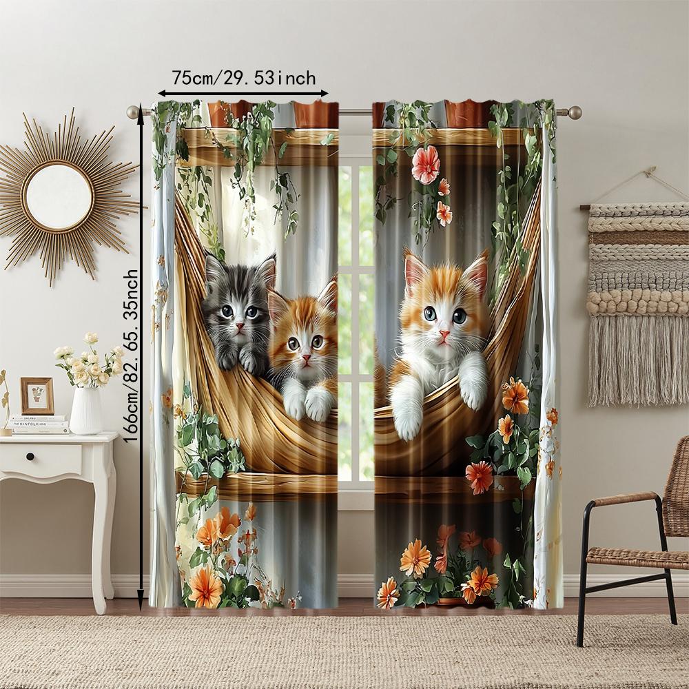 Versatile Polyester Transparent Curtains Home Decoration Fun Animal Cat Use Bedrooms Living Rooms Curtain Set Of 2 Made Washable Room Ready