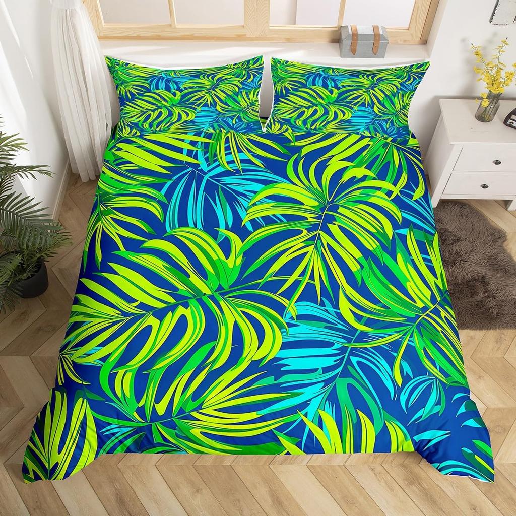 Tropical Botanical Duvet Cover Gold Palm Tree Leaf Comforter Cover King Jungle Nature Theme Watercolor Plant Leaves Bedding Set