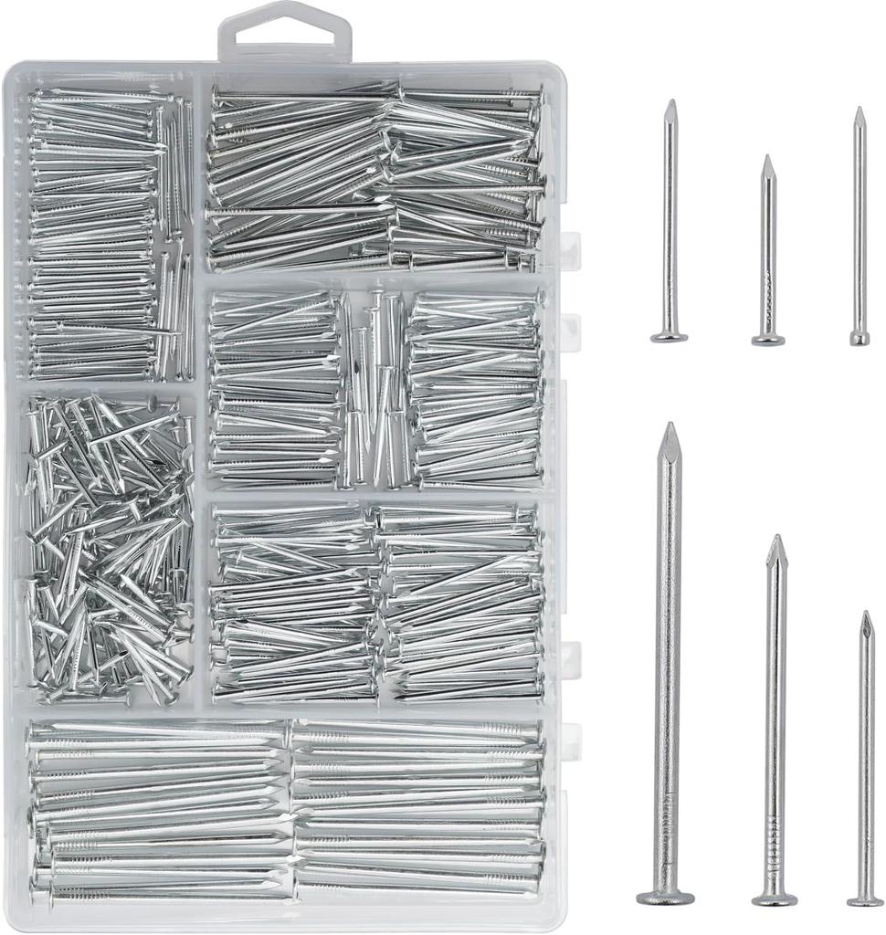 376Pcs Round Nails Woodworking Iron Nails Household Long Cement Wall Foreign Floor Nails Set with Plastic Box