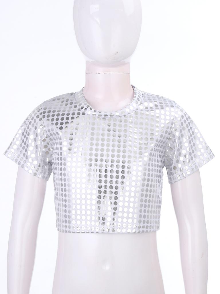 Dětské Dívčí Lesklé Flitry Párty Sety Kulatý Výstřih Crop Top s Elastickým Pasem Rozšířené Kalhoty pro Taneční Scénické Vystoupení
