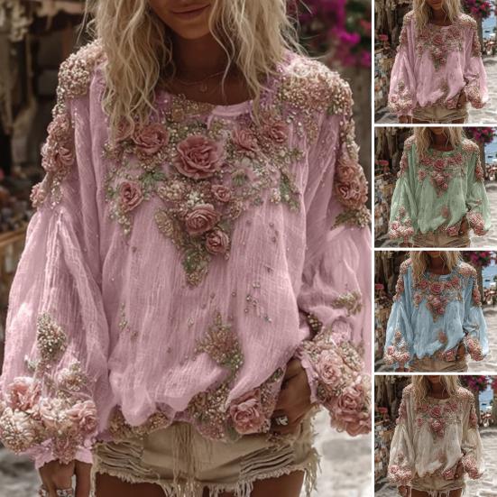 Women Tops V-Neck Lantern Long Sleeve Casual Loose Fit Shirt 3D Flower Pattern Casual