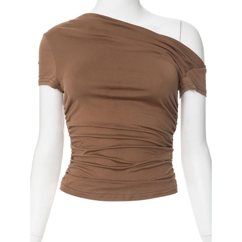 Summer Short Sleeve Slim Fit Casual Crop Tops New Slanted Shoulder Street Wear Women T-shirt Fashion Pleated T Shirt Solid Short Tees