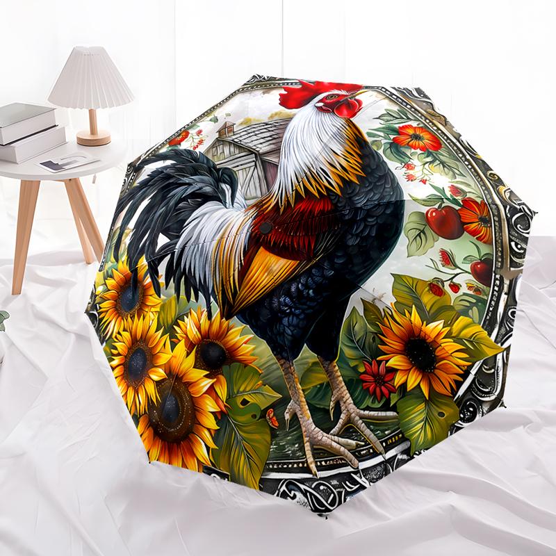 Rooster Theme Design Folding Umbrella-Fashionable Auto-Open Design 8 Iron Ribs Plastic Handle Foldable Sunshade,Perfect Gifts