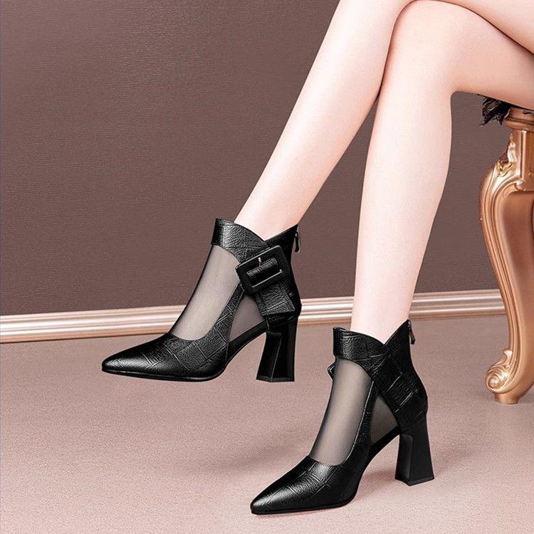 2025 Summer Women's Sexy Leather Mesh Cutout High Heel Sandals - Chunky Heel, Closed Toe, Chic and Cool Design