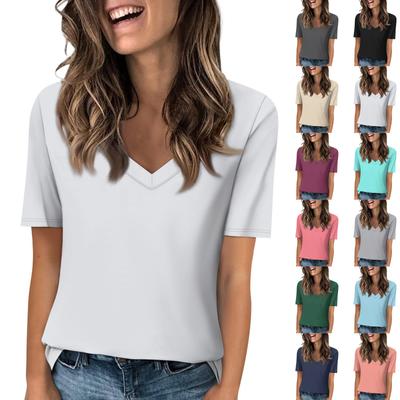 Women's V-neck T-shirt Short-sleeved Top Casual Solid Color T-shirt