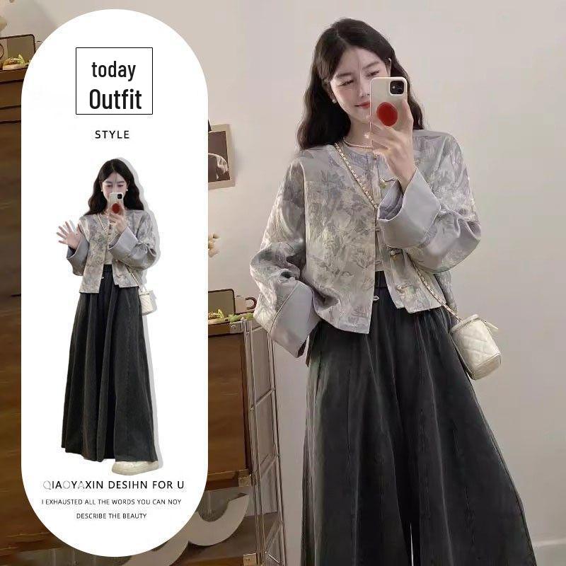 

2026 Spring Women s Zen-Style Two-Piece Set: Chinese-Inspired Jacket with Elegant Frog Button M [80-100 lbs]