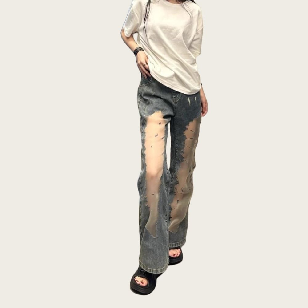 High Waist Casual Mesh Jeans Loose Baggy Pants Unique Wide Leg Denim Pants  Daily