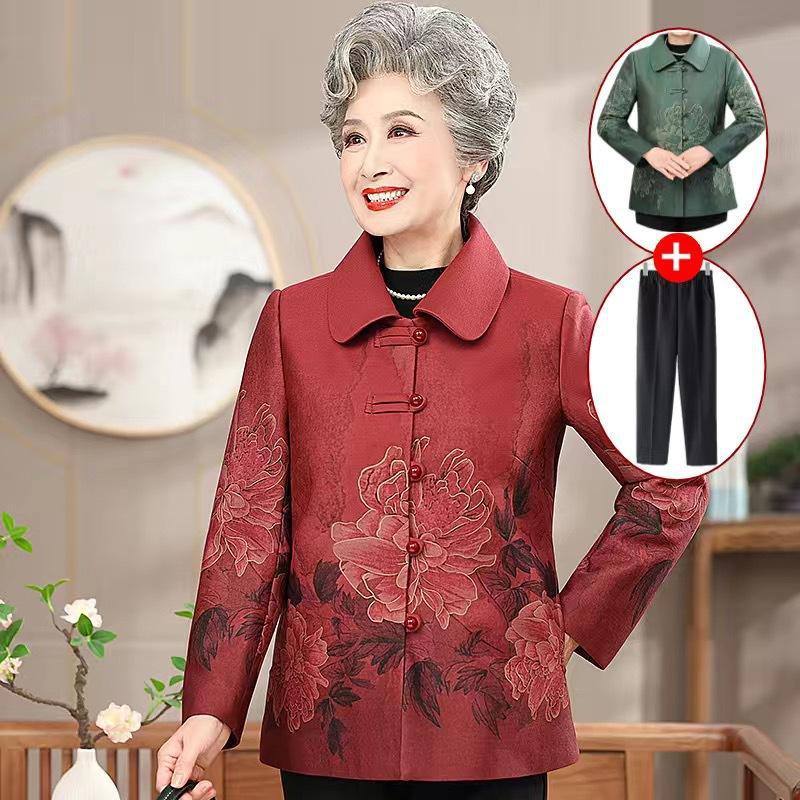 Stylish Spring/Autumn Floral Jacket for Middle-Aged and Elderly Women