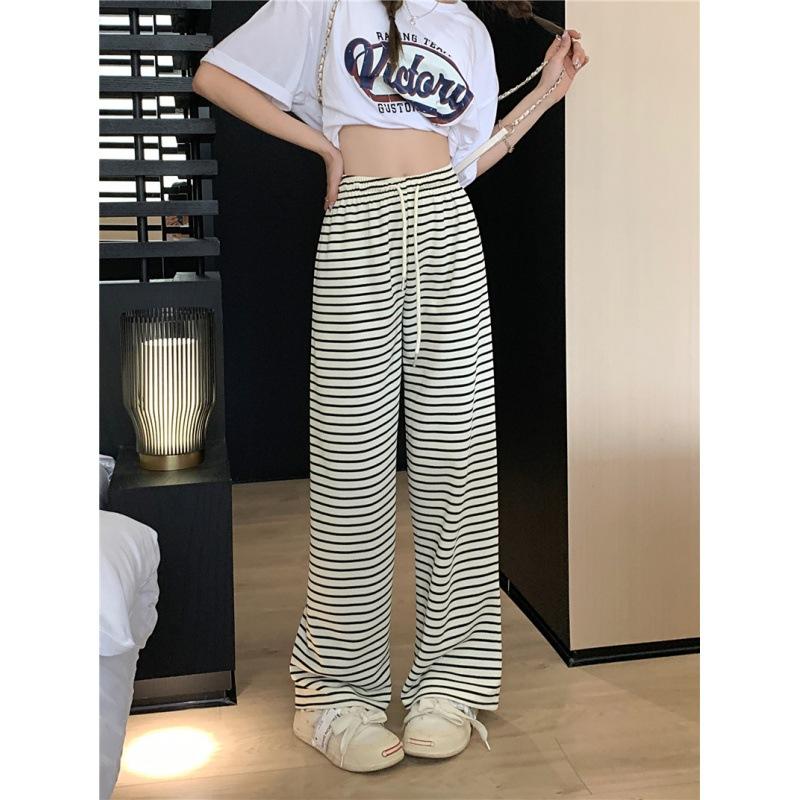 Spring and Summer Thin Straight Leg Wide Pants High Waist Black and White Striped Casual Pants Women Drape Long Pants