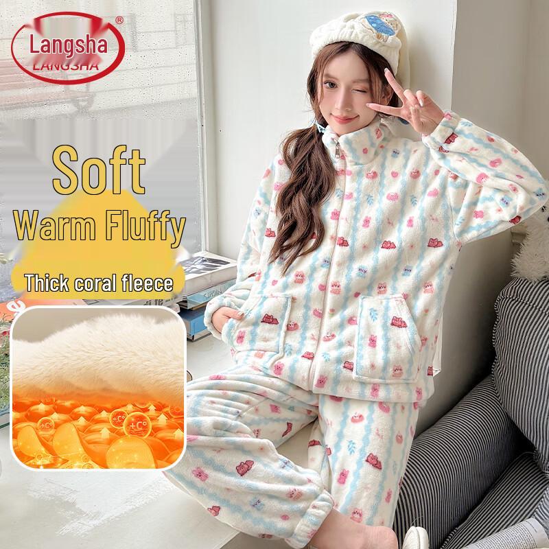 Langsha Women s Winter Coral Fleece Zipper Pajama Set L