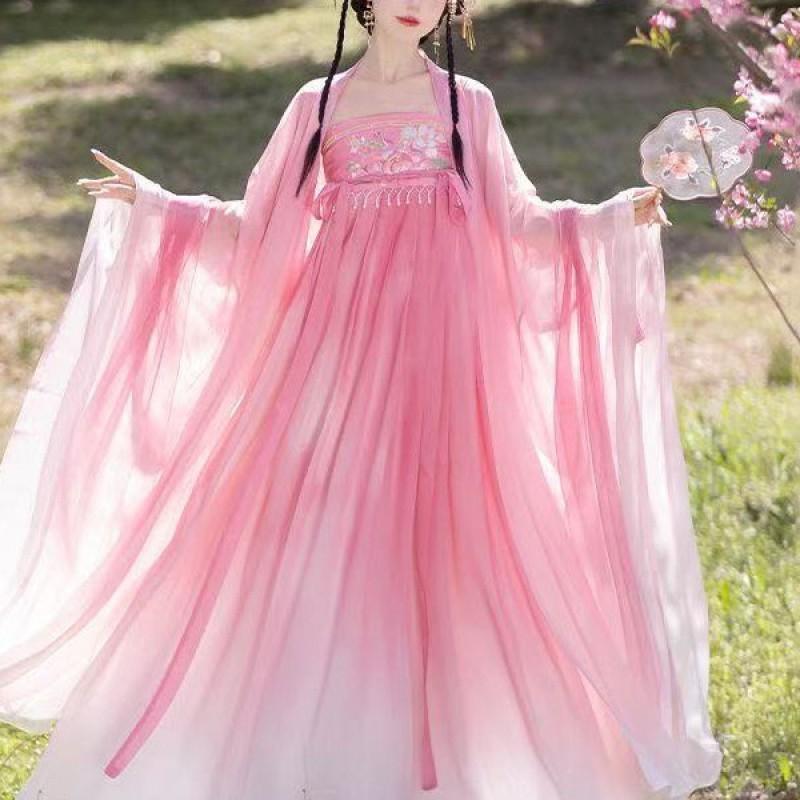 Womens Tang Dynasty Style Hanfu Dress With Embroidered Gradient Skirt Wide Sleeve Ruqun Daily Wear