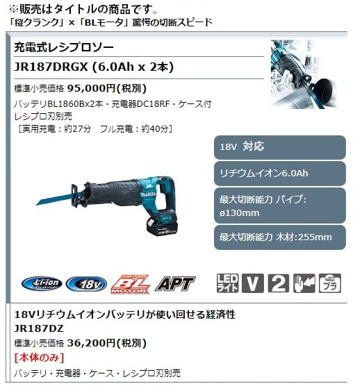 Makita JR187DZ Cordless Reciprocating 18V and Case Sold Saw, (Battery, Charger, Separately)