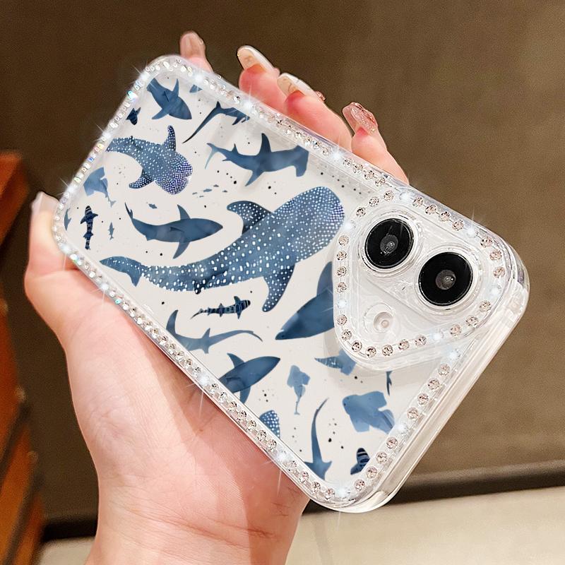 Conch Shark Pattern Clear Silicone Case For iPhone 16E 16 Pro 15 Pro Max 14 13 12 11 Diamond Frame Soft Shockproof Transparent Phone Cover