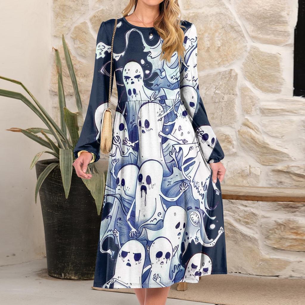 Women's Fashionable Loose Halloween Printed Round-neck Dress