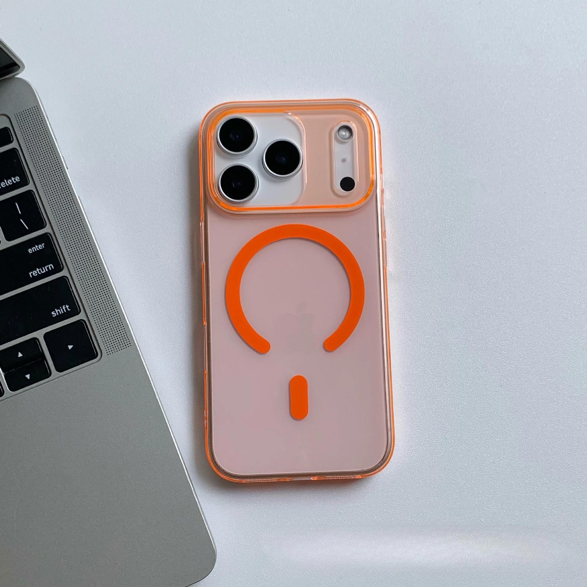 

Прозрачный жесткий тонкий магнитный чехол из ПК для apple IPhone 1716 15 14 Plus 13 12 Pro Max Защитный чехол для беспроводной зарядки iPhone 15 оранжевый