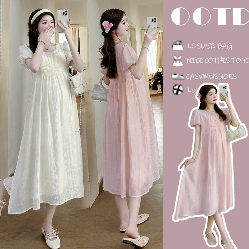 2026 Summer Sweet Puff Sleeve Maternity Dress - Slimming, Loose, and Belly Covering XL