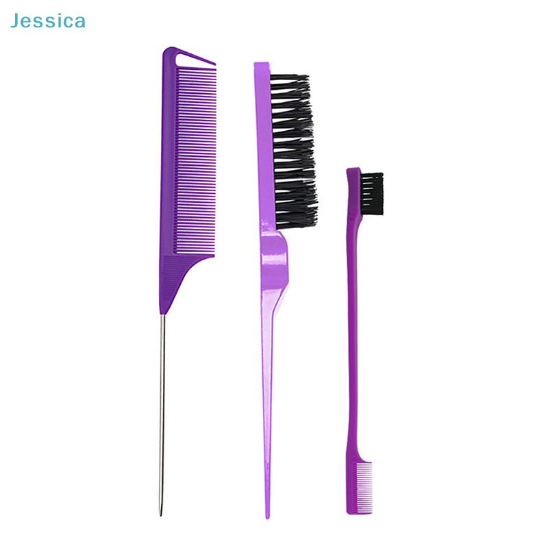 3-Piece Hair Styling Tool Set - Rat Tail Comb + Edge Brush + Sectioning Brush for Salon/DIY Hairstyling