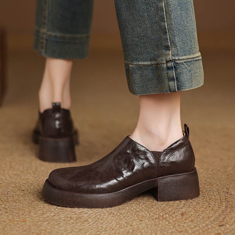 Krazing Pot Sheep Skin Autumn Winter Shoes Chunky Heels Size 43 Size 42 Round Toe Slip On Deep Mouth Pumps