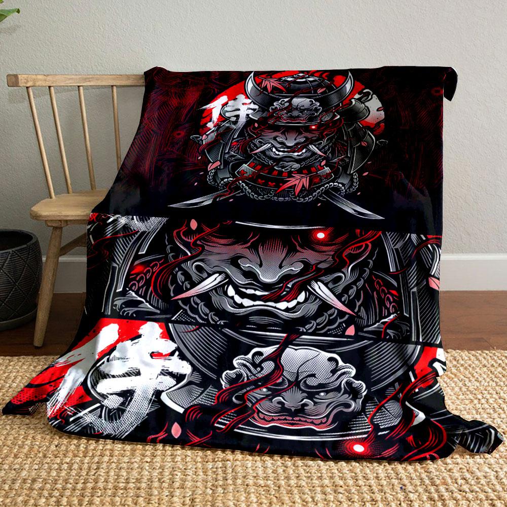 Samurai Mask with Horns, Red Background, and Bold Japanese Characters. for All Seasons Blanket Lunch Break Throw Gift