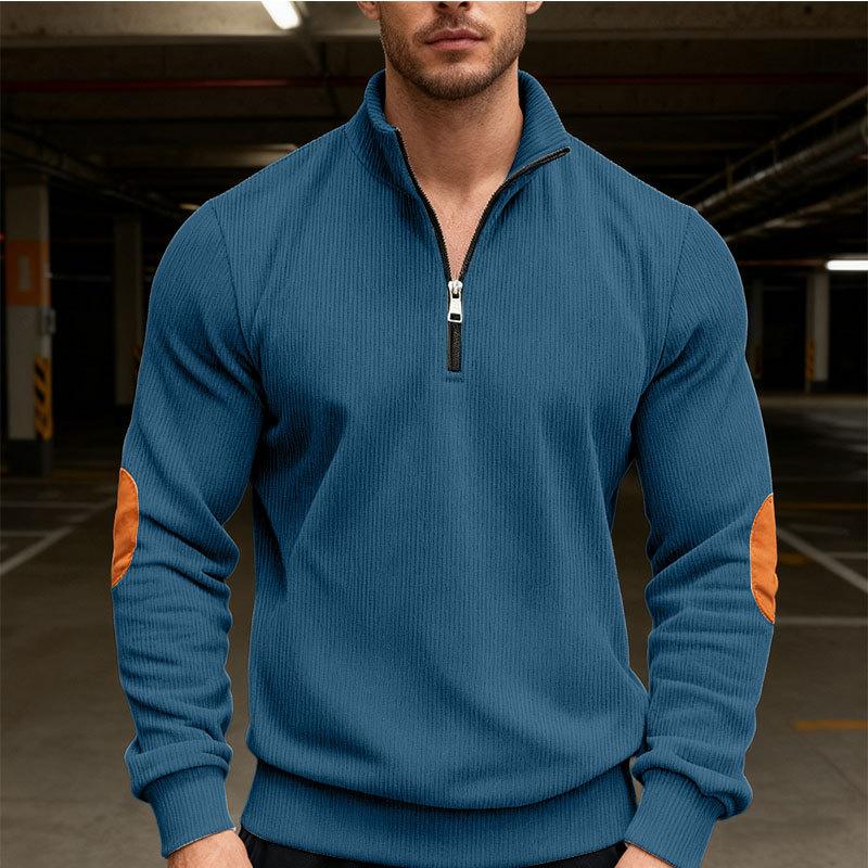 New Men's Autumn Casual Corduroy Solid-Colour Elbow-Patch Zip-Up Hooded Sweatshirt with Stand-Up Collar