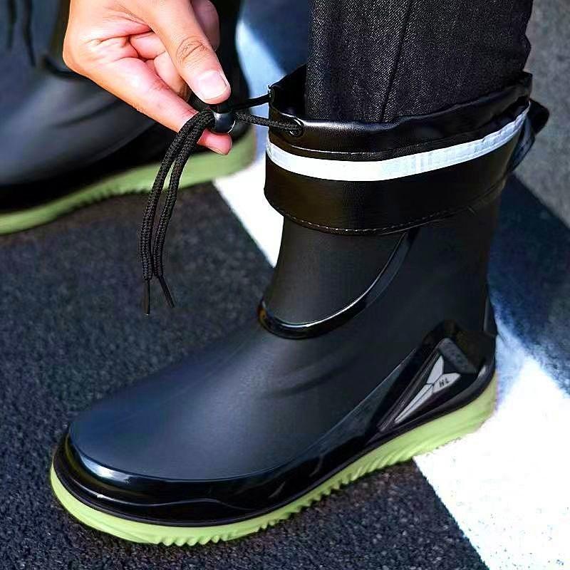 Men's Fashionable Outdoor Anti Slip Waterproof Thickened Drawstring Short Tube Rain Shoes Work Rubber Shoes
