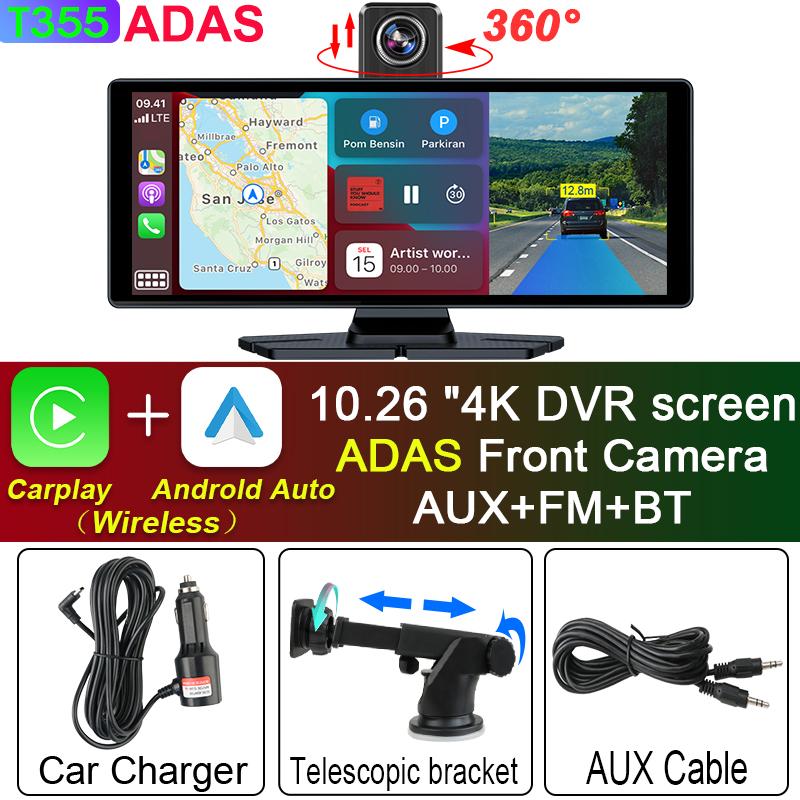 10.26" 4K Dash Cam ADAS Wireless Carplay & Android Auto Car Dvr 360 ° Rotation Dual Lens Dashboard Video Recorder 24h Park AUX
