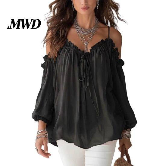 Comfortable Loose Cut Tops Women Tops, Fit Puff Long Sleeve Shirt, Sling Off Shoulder Pullover Breathable Casual Wear Pure Color Blouse for S