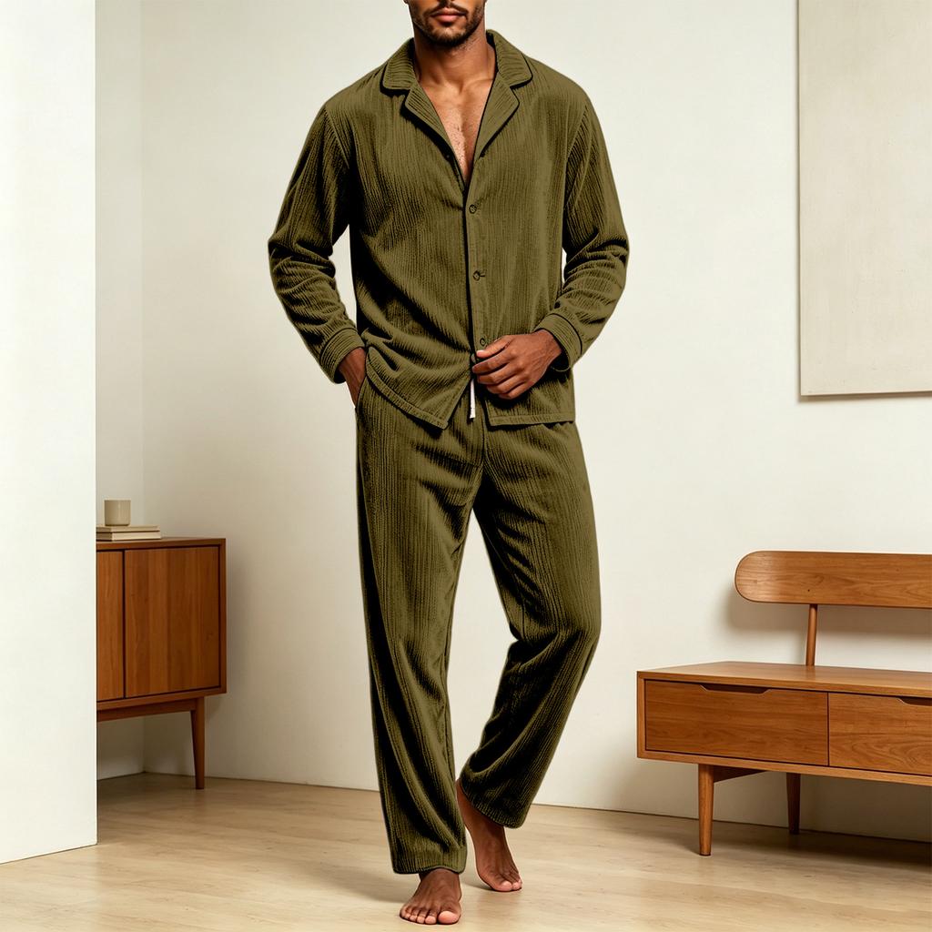 Men's Casual Loose Fit Corduroy Pajama Set with Button-Front Long Sleeve Top and Pants