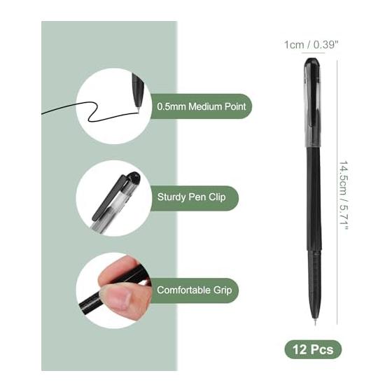 PATIKIL 12 Pcs Gel Pens, 0.5mm Medium Point, Smooth Black Ink Rollerball Pens for Home, Office, Writing, Notes, Journaling, Business - Style 9