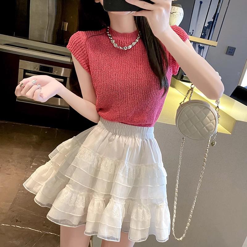 White Lace High-Waist A-Line Midi Skirt - Women's Spring/Autumn Korean Style