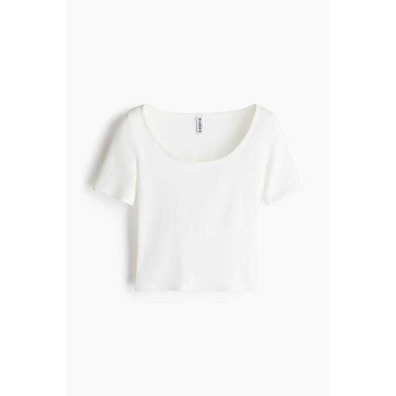 

HM Women s T-shirt 2025 Fall New Arrival Silm Low round Neck T-shirt Shory Style Straight-leg Hem Tops 1267017 Cream 004 155/80(XS)