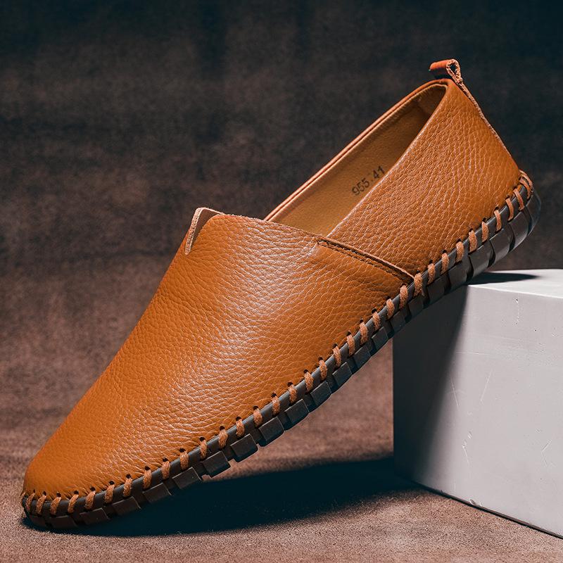Men's Trendy European & American Slip-On Leather Casual Driving Shoes - Breathable Low-Top, Large Sizes Available