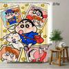 Crayon Shin-Chan & Shiro & Himawari Photo Collage Scene 2D Print Waterproof Shower Curtain, Warm Yellow Checkered With Star Acce
