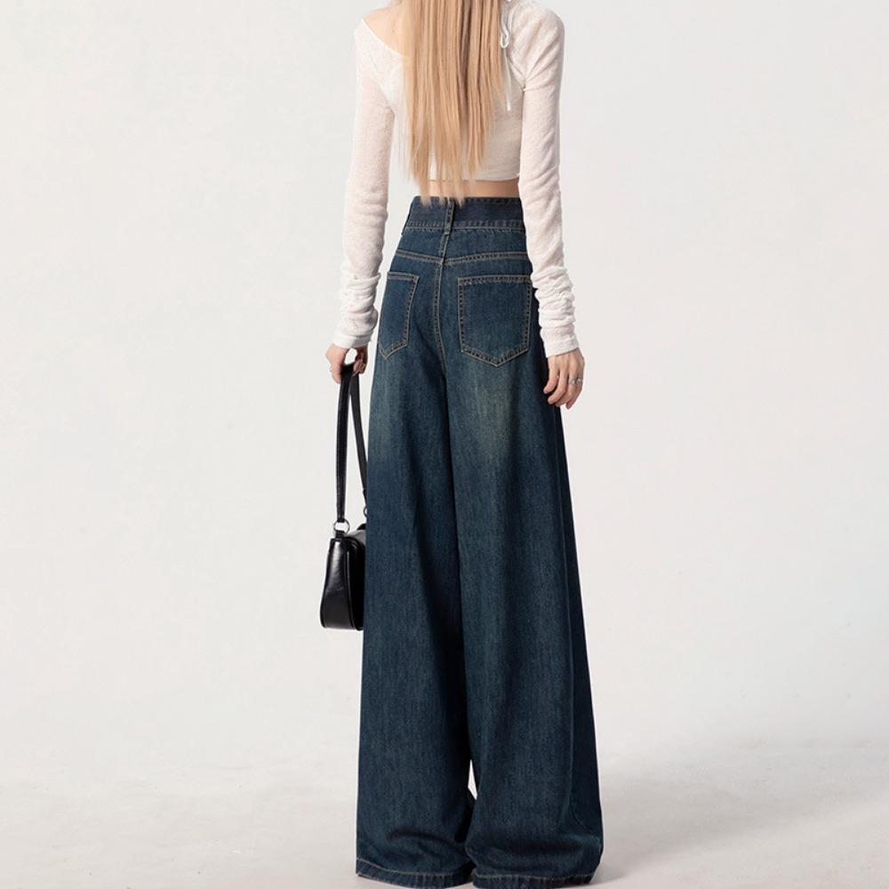 American retro wide-leg jeans spring and autumn washed high-waisted versatile small vertical straight mopping pants