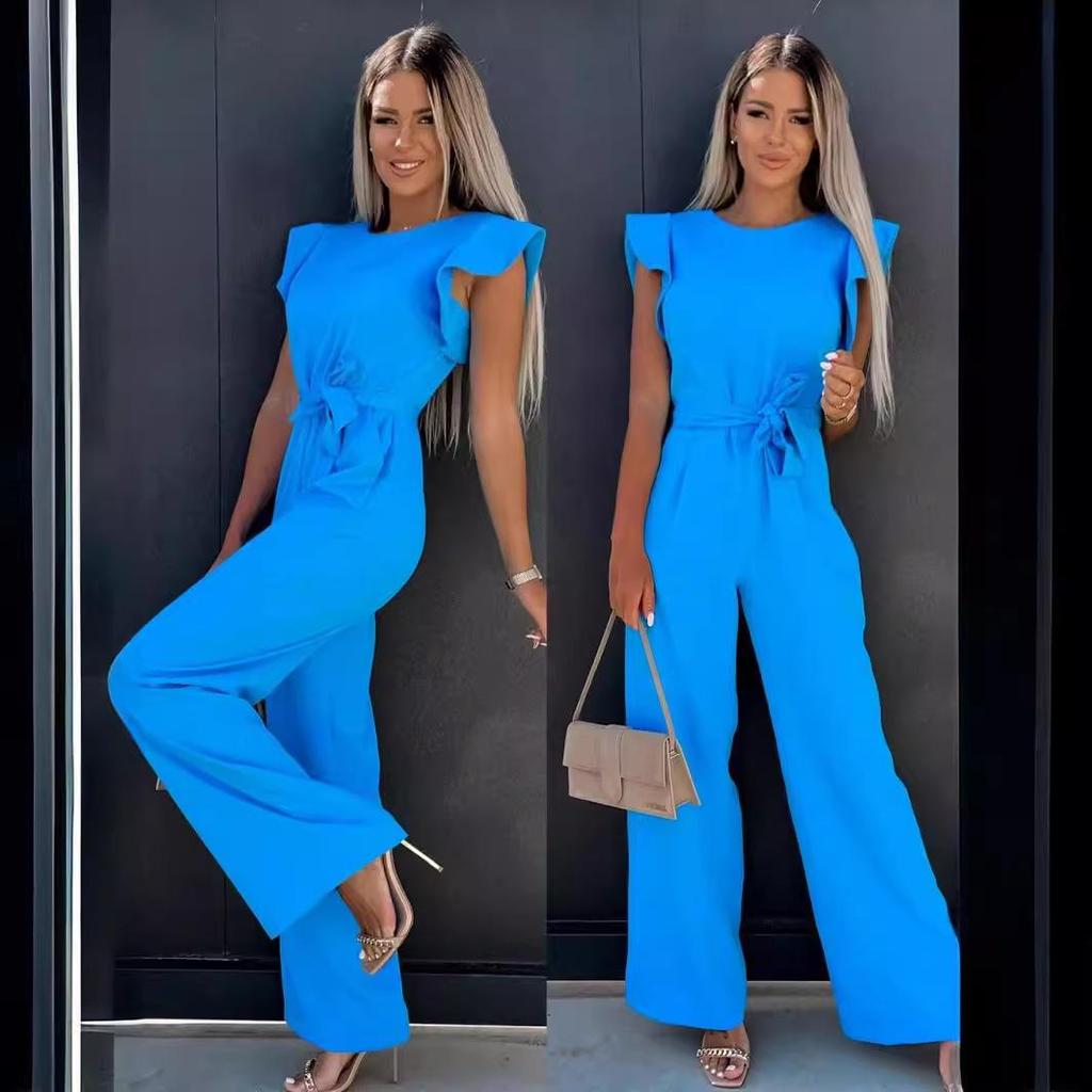 2024 European & American High-Waisted Tie-Up Jumpsuit - Solid Color, Long Pants, Women's Commuter Wear