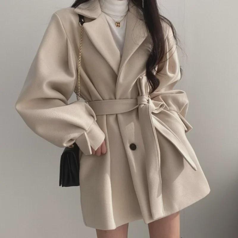 2024 Hepburn Style Medium-Long Wool Coat: Autumn/Winter, Straps, Small Suit Collar