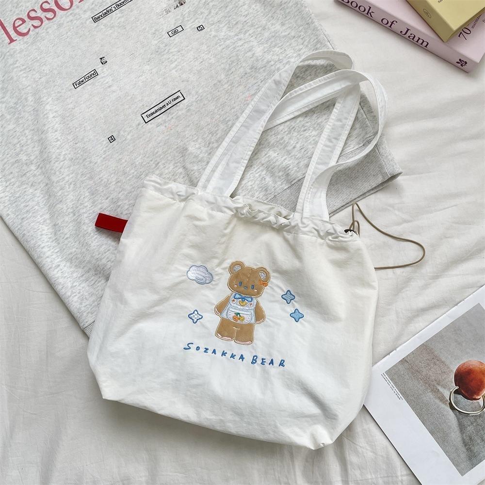 

Sweet Cartoon Embroidery Women s Shoulder Bags Simple Large Capacity Female Canvas Handbags Lovely Girls Drawstring Tote Bag белый