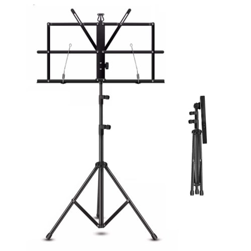 

Folding Music Stand, Lightweight, Black, Metal, Tripod, Adjustable Music Stand with Clamp and Clips, Foldable Height 50-150cm, Adjustable Reading Stan