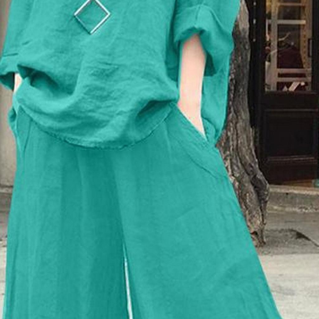 Yousheng 2 Pcs/Set Women Top Pants Set Round Neck Retro Long Sleeves Blouse Wide Leg Elastic Waist Trousers Daily Leisure Loose Outfit