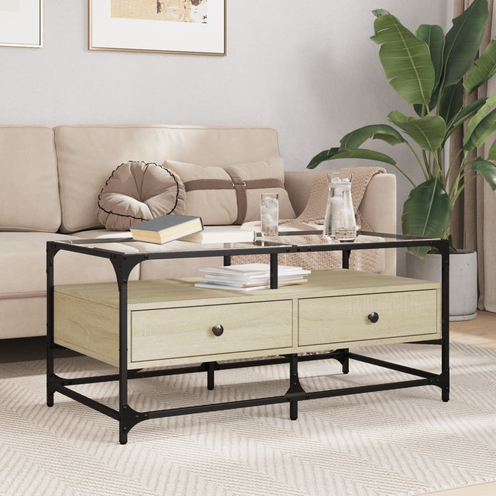 Coffee Table with Glass Top Sonoma Oak Finish 98.5 X 50 X 45 Cm Steel
