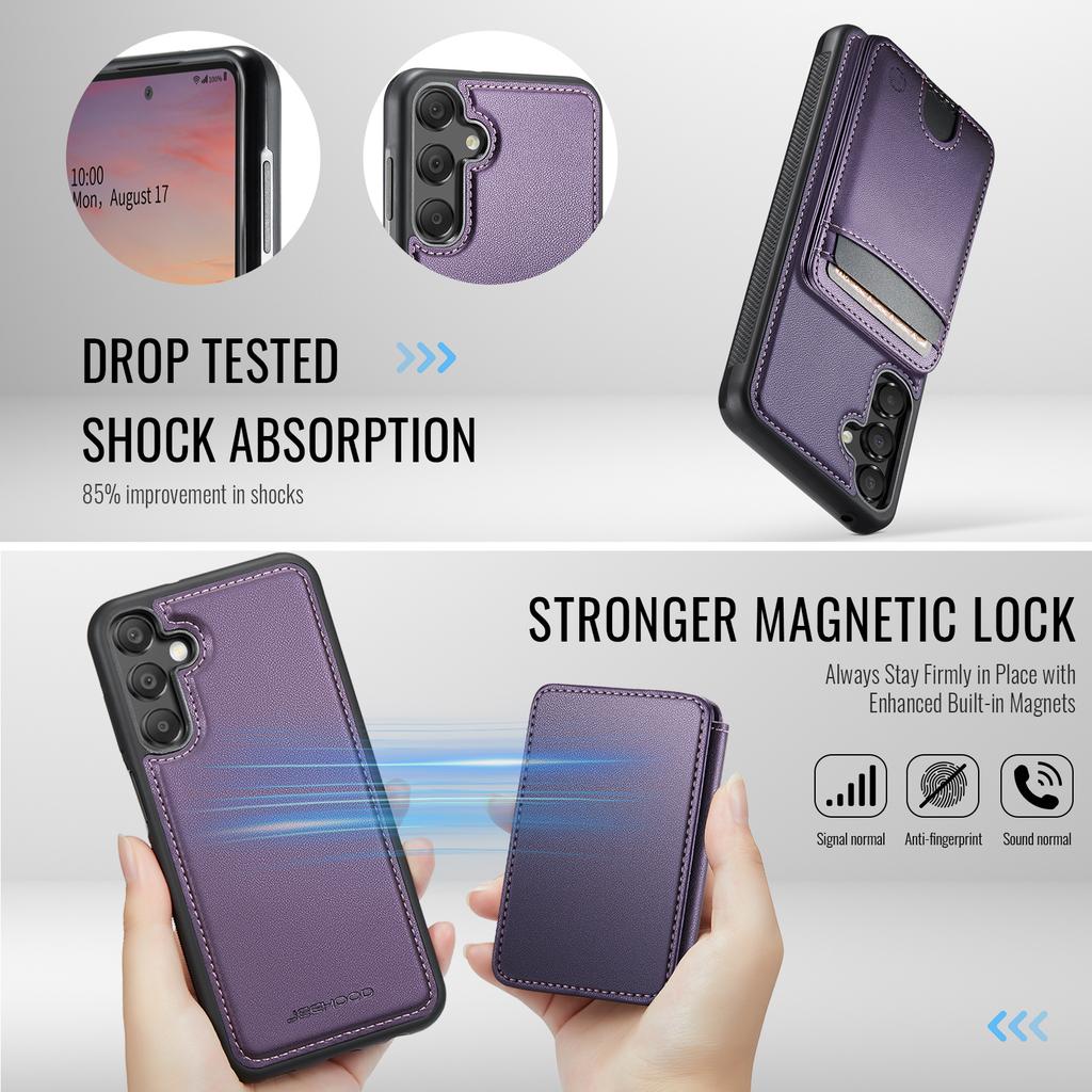 For Samsung Galaxy A55 5G Magnetic Case JEEHOOD J10 Leather Back Phone Cover with Detachable Card Holder Kickstand